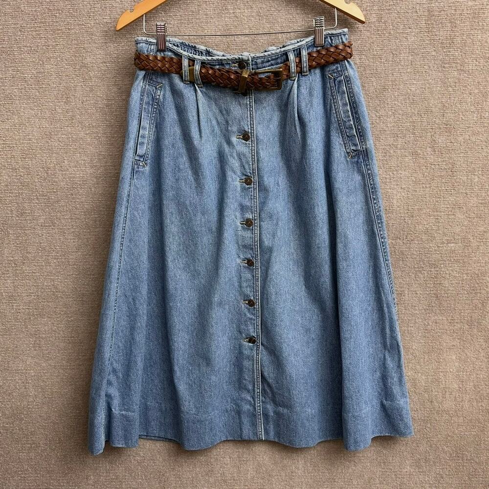 VTG Lizwear 90s Denim Midi Skirt Button Front Modest Blue Jean w Pockets Size 14